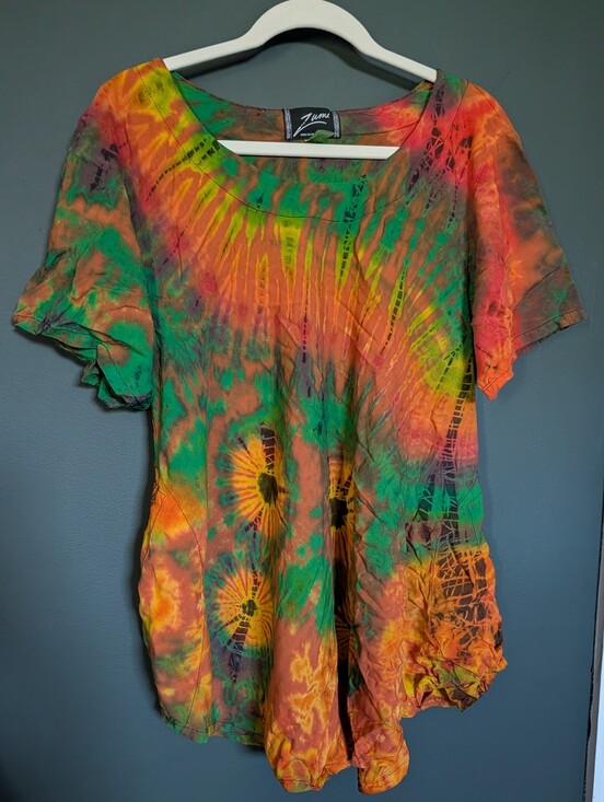 Tops - Zumi Green & Orange Tie-Dye Rayon Short Sleeve Tee With Pockets